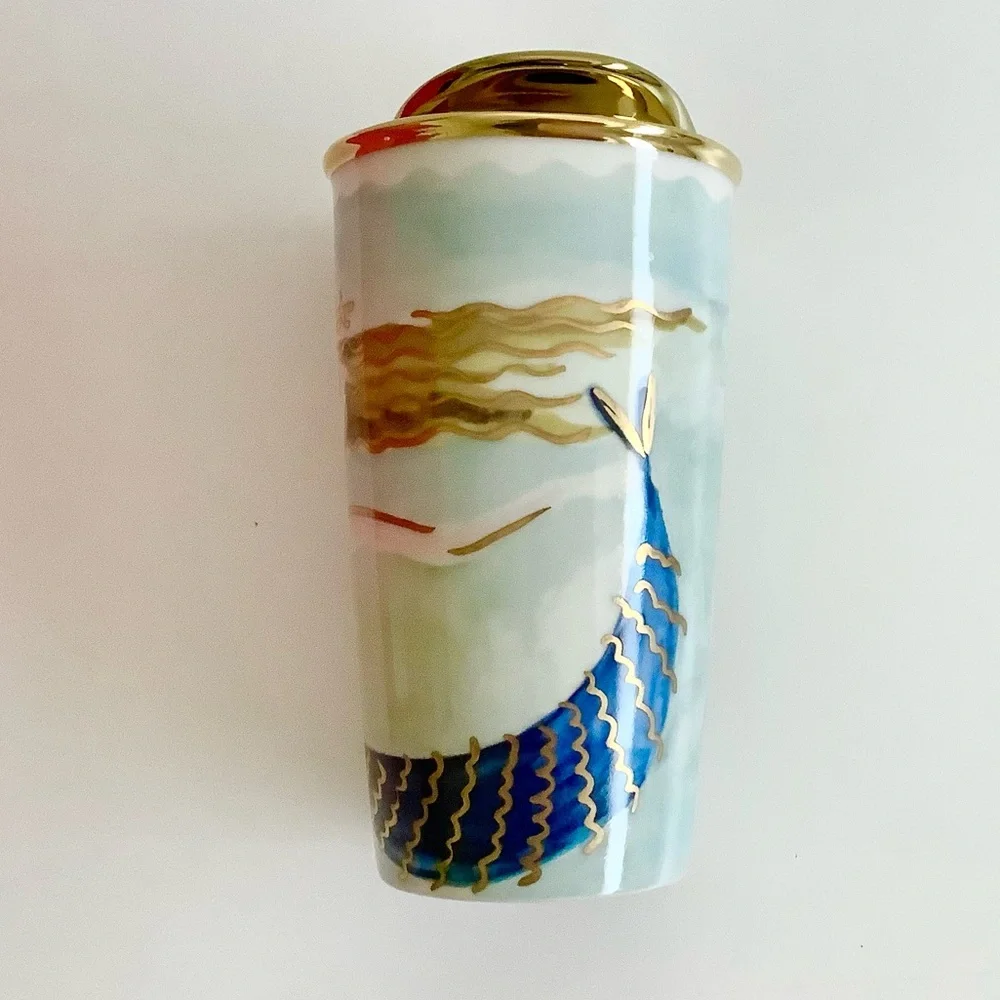 Starbucks Mermaid Siren Ceramic Travel Tumbler Mug Gold Lid 2014 Watercolor new - Picture 5 of 12